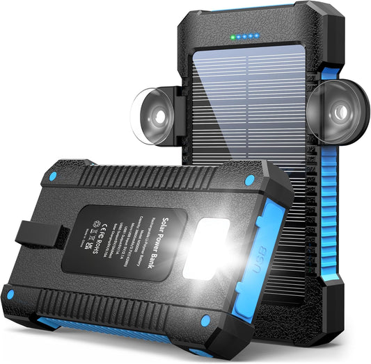 Solar Power Bank 38800mAh, Solar Charger Power Bank with Suction Cup Holder, IP67 Waterproof Outdoor Power Bank for Phone, USB-C Fast Charging with Flashlight Light/SOS/Strobe (Blue, 38800mAh)