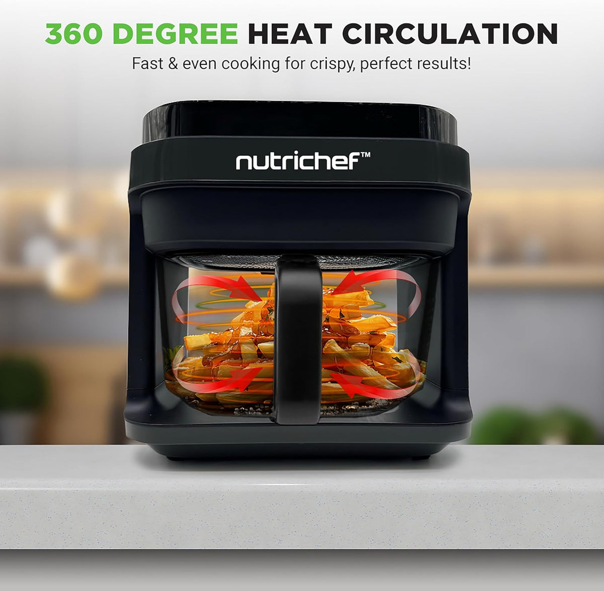 Nutrichef 5.8 Quart Air Fryer | 8-1 Preset Cook Modes | Transparent Fry Bowl for Best Cooking Results | Cook Shrimp, Steak, Fries, Wings, Chicken & More | Precise Temperature Control & Time | Black