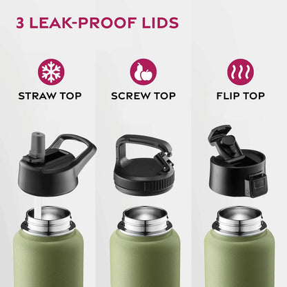 FineDine Water Bottle - Stainless Steel Insulated Water Bottle with Straw Lid, Flip Lid & Wide-Mouth Cap - Keeps Hot and Cold - 25 Oz / 739ml - Pure Pearly White