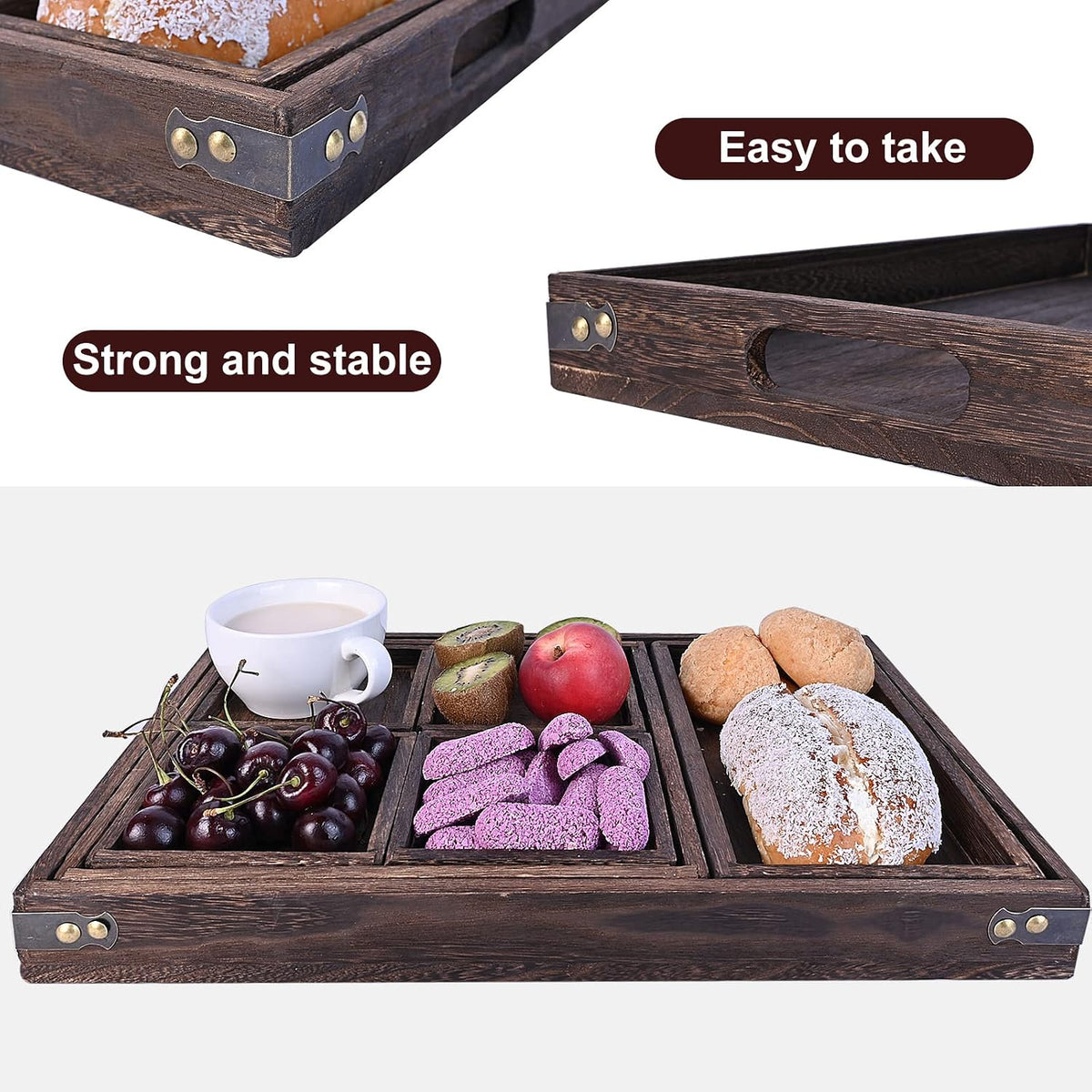 Wood Serving Tray with Handles, Set of 7 Rectangular Wooden Nesting Multipurpose Trays, Decorative Serving Trays Platter for Breakfast in Bed, Lunch, Dinner, Patio, Ottoman, Coffee Table, Party
