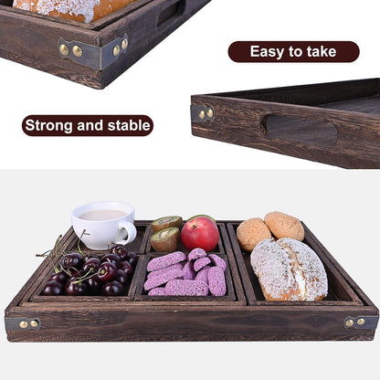 Wood Serving Tray with Handles, Set of 7 Rectangular Wooden Nesting Multipurpose Trays, Decorative Serving Trays Platter for Breakfast in Bed, Lunch, Dinner, Patio, Ottoman, Coffee Table, Party