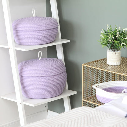 Sea Team Round Cotton Rope Storage Basket with Lid, Decorative Woven Storage Bin, Pot, Caddy, Organizer, Container for Snacks, Towels, Plants (Grey, Small)