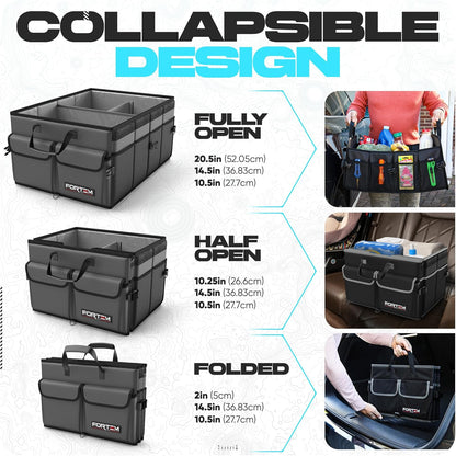 FORTEM Car Trunk Organizer, Collapsible Multi Compartment Car Organizer, Foldable SUV Storage for Car Accessories for Women Men, Non Slip Bottom, Securing Straps, Soft Cover 50L (Black, Standard)