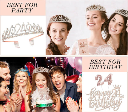 8pcs 40th Birthday Decorations gifts for Women, Including 40th Happy Birthday Cake Topper, Queen Sash with Pearl Pin, Sweet Rhinestone Tiara Crown for Women, Number Candles and Balloons (Rose Gold)