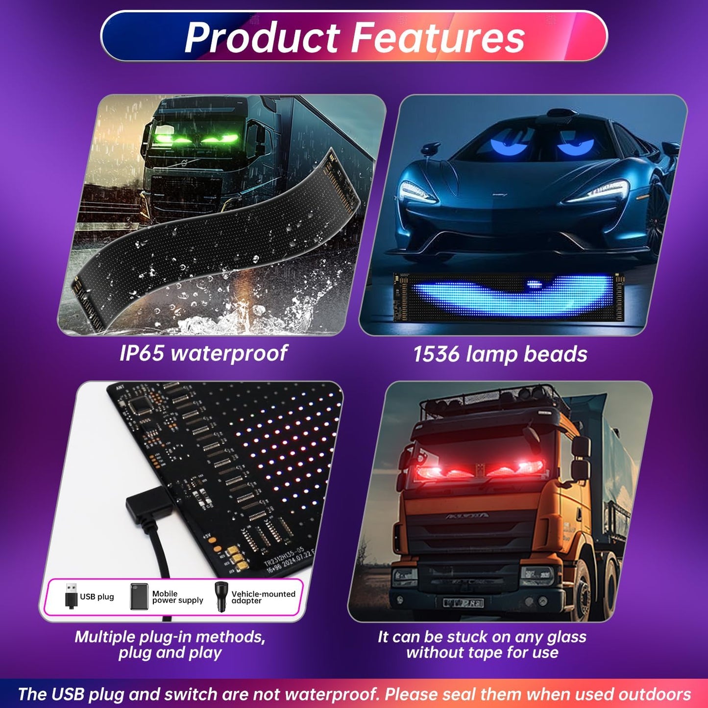 4.8in*24in Large Devil Eyes Light for Cars Windshield Remote & APP Control Dynamic Scrolling Text LED Screen IP65 Waterproof for Universal Windshield Decoration