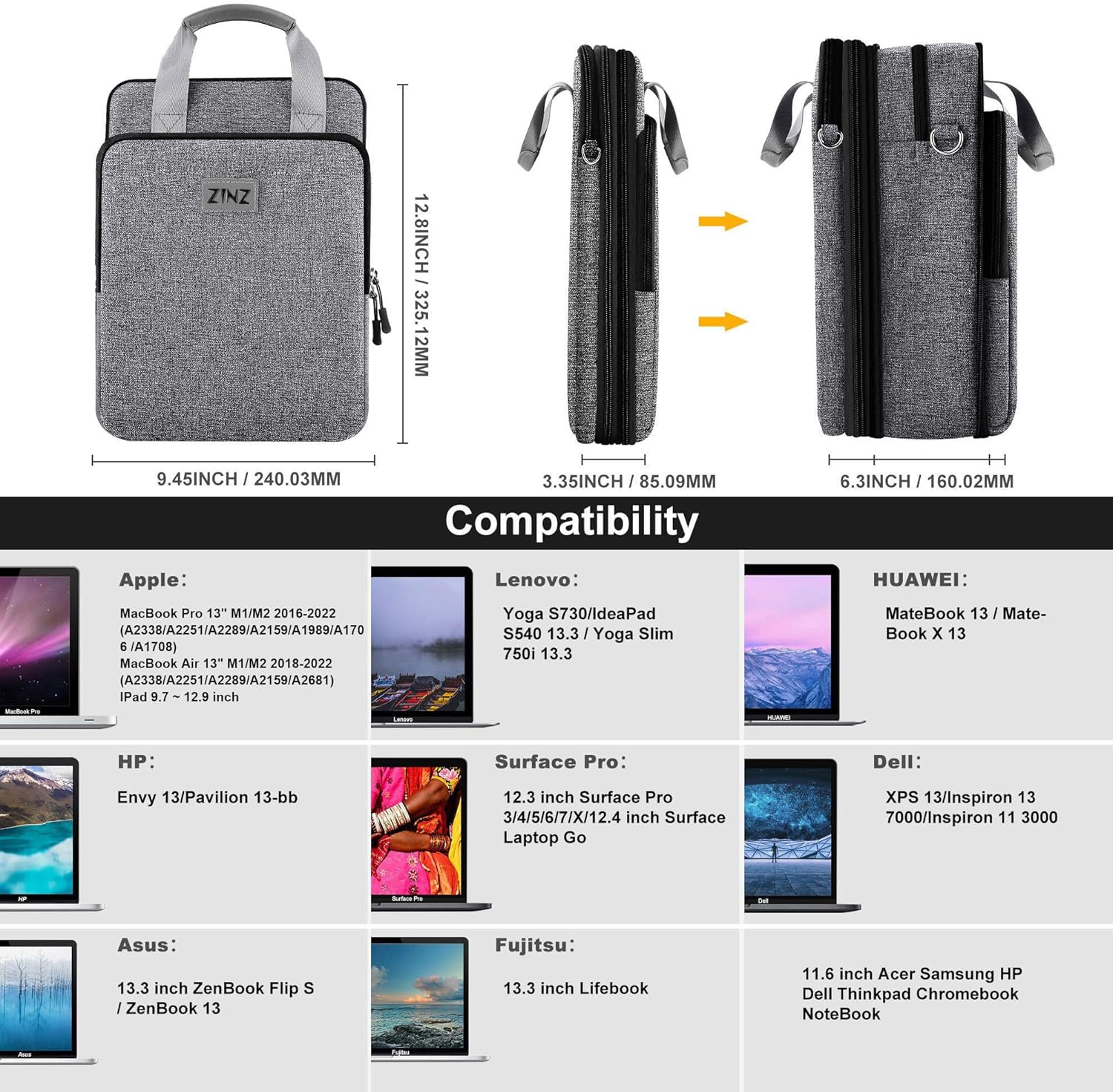 ZINZ Slim & Expandable Case 12.9 13 inch Travel Laptop Shoulder Bag for MacBook Air 13" M3/M2/M1, MacBook Pro 13" M2/M1, iPad Pro 12.9"/13"/11", iPad Air 13",L01G03 - PuriLite