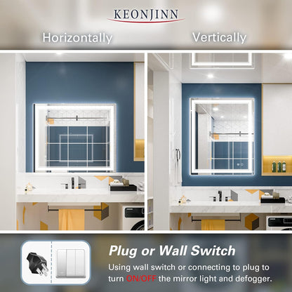 Keonjinn 40 x 24 Inch LED Mirror, Bathroom Mirror with Lights, LED Vanity Mirror, Wall Mounted Anti-Fog Dimmable Lighted Makeup Mirror for Bedroom, IP54 Waterproof (Horizontal/Vertical)