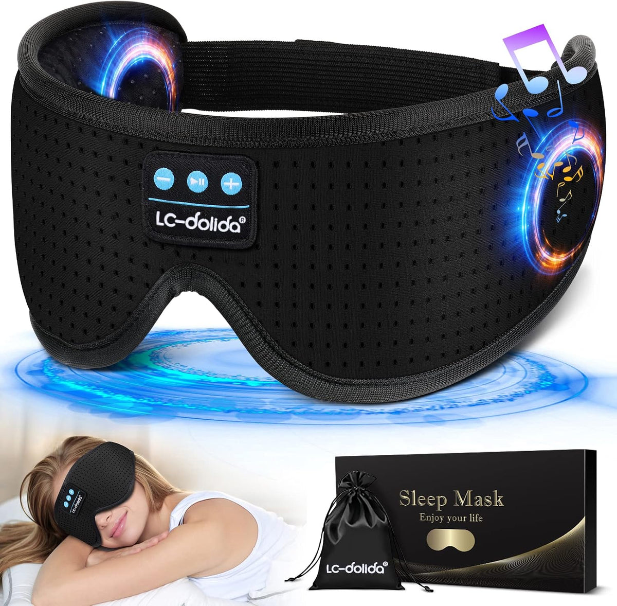 LC-dolida Sleep Headphones, White Noise Bluetooth Sleep Mask 3D Wireless Eye Mask Sleeping Headphones, Sleep Mask with Bluetooth Headphones for Side Sleepers Travel Yoga, Cool Gifts