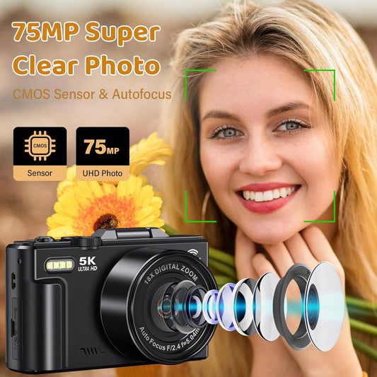5K Digital Camera for Photography - WiFi 75MP UHD Vlogging Camera for YouTube - Autofocus Video Cameras with 3" 180° Flip Screen - Compact Vlog Travel Camara with 18X Zoom, 32GB SD Card, 2 Batteries