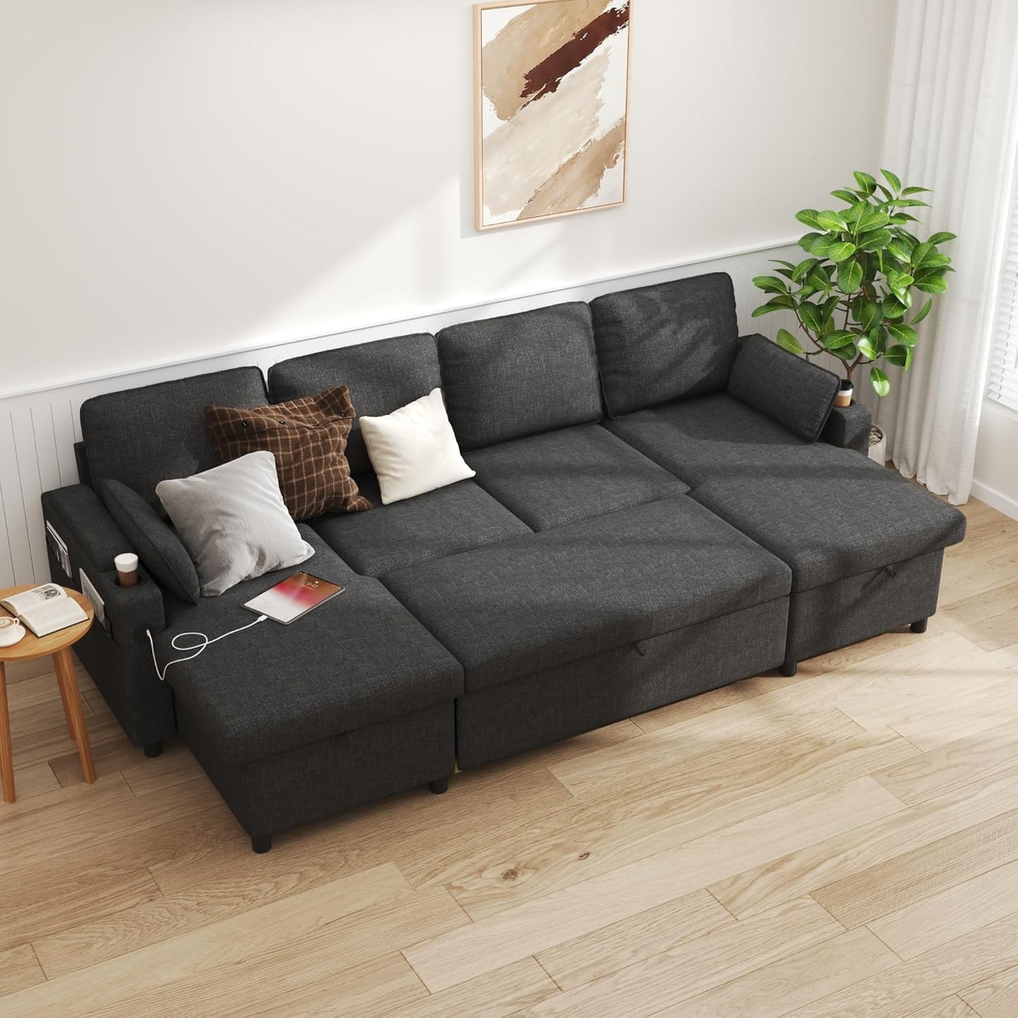 DURASPACE Sofa Bed Sleeper Pull Out 2 in 1 Sectional Sleeper Sofa Couches with Storage,USB, Cup Holder,Pullout Sectional Couches for Apartment Living Room (Dark Gray Linen)