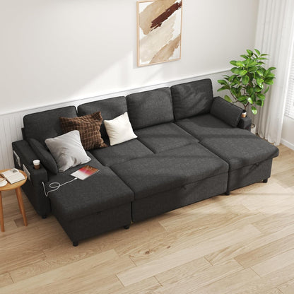 DURASPACE Sofa Bed Sleeper Pull Out 2 in 1 Sectional Sleeper Sofa Couches with Storage,USB, Cup Holder,Pullout Sectional Couches for Apartment Living Room (Dark Gray Linen)