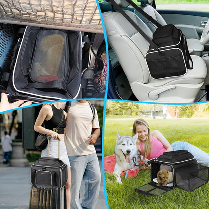 Petskd Top and Side Expandable Pet Carrier 17x12x8.5 Inches JetBlue Frontier Spirit Airline Approved, Soft-Sided Carrier for Small Cats and Dogs with Locking Safety Zipper and Anti-Scratch Mesh(Black)