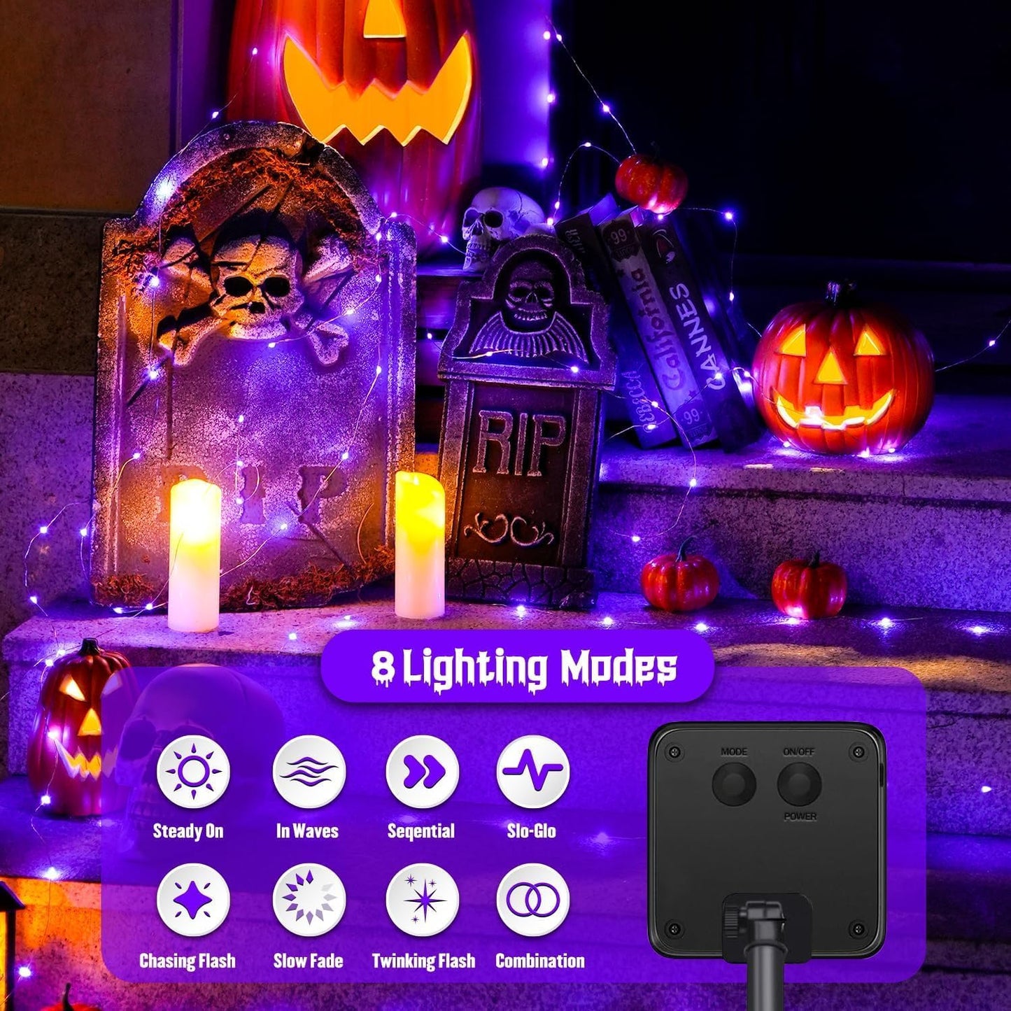 Solar Halloween Decoration Lights, JMEXSUSS 2 Pack 33FT 100 LED Orange and Purple Halloween String Lights, Halloween Lights with 8 Modes for Halloween Tree Yard Outdoor Spooky Party Garden Decorations