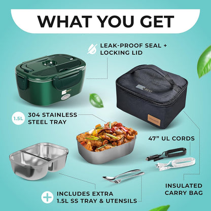 FORABEST Electric Lunch Box Food Heater 80W 1.5L Stainless Steel Heated Lunch Box for Men & Women, Universal 12/24/110/220V Self Heating Lunch Box for Car, Truck & Work, Portable Food Warmer lunch box
