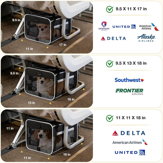 Lekereise Airline Approved Pet Carrier, Top-Expandable and Soft Sided Travel Cat Carrier for Small Cats & Dogs Up to 12lbs, 17x11x9.5 Inch, Black