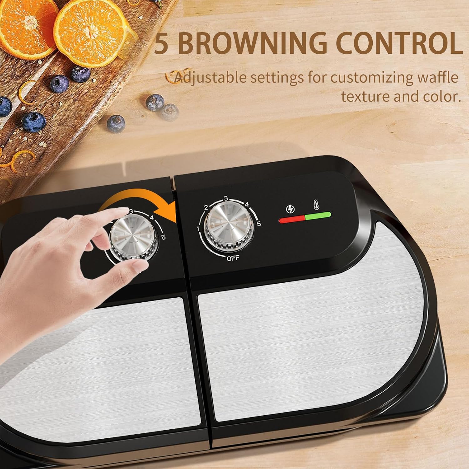 YASHE Double Waffle Maker 6 Inch, 1400W Belgian Waffle Maker for Breakfast and Snacks, Stainless Steel Waffle Iron with Nonstick Plates, Temperature Knob, Cool-Touch Handles - PuriLite