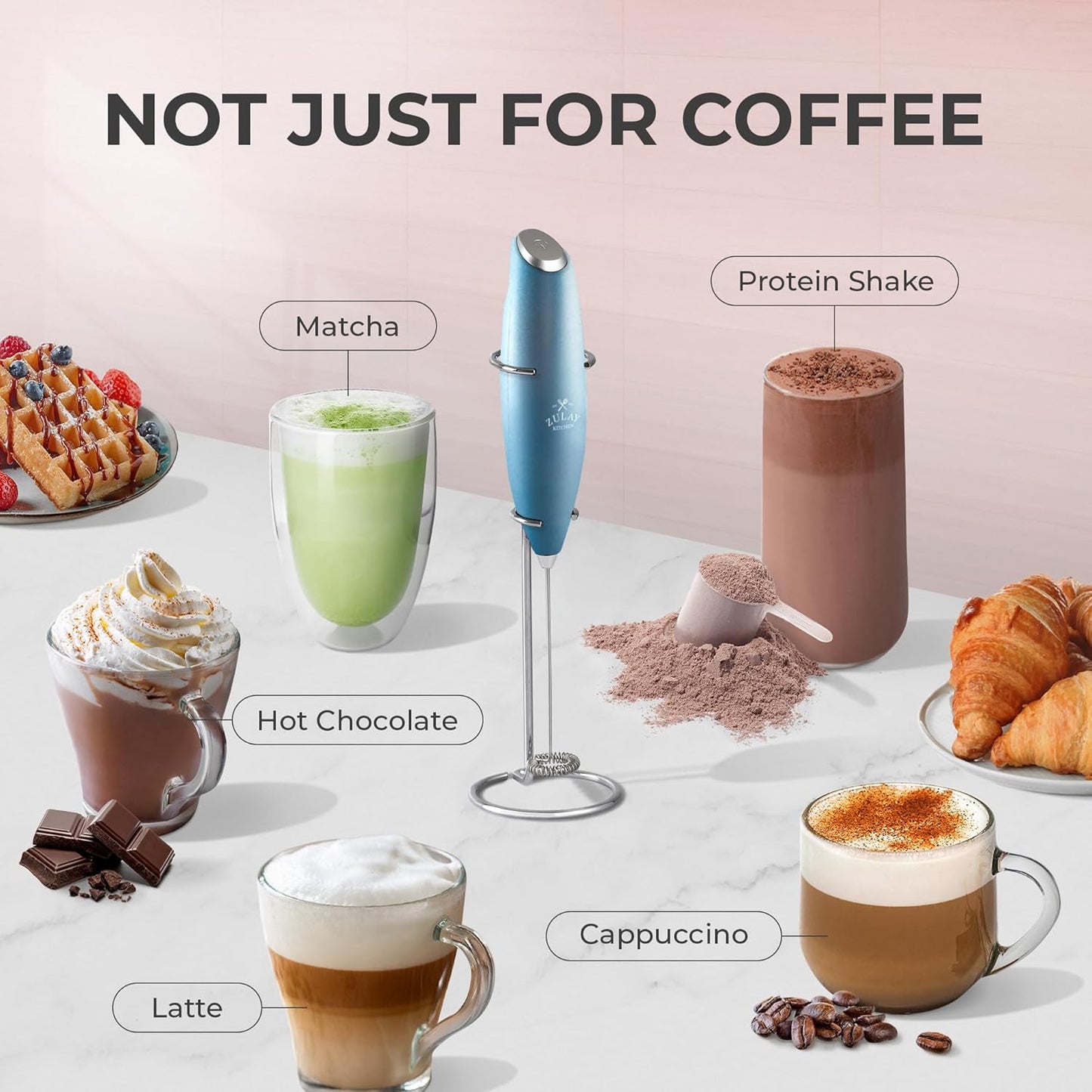 Zulay Milk Frother Complete Set Coffee Gift, Handheld Foam Maker for Lattes - Whisk Drink Mixer for Coffee, Mini Blender for Cappuccino, Frappe - Includes Frother, Stencils & Frothing Cup (Black)
