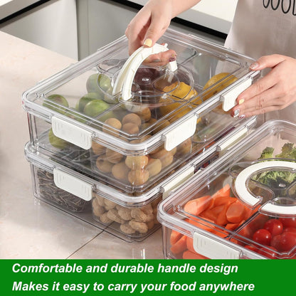 Taiuloo Divided Serving Tray with Lid & Handle, Airtight 4 Compartment Snackle Box Charcuterie Container, Fridge Organizer Bins, Food Storage Container Veggie Tray for Snack, Fruit, Salad, Nut
