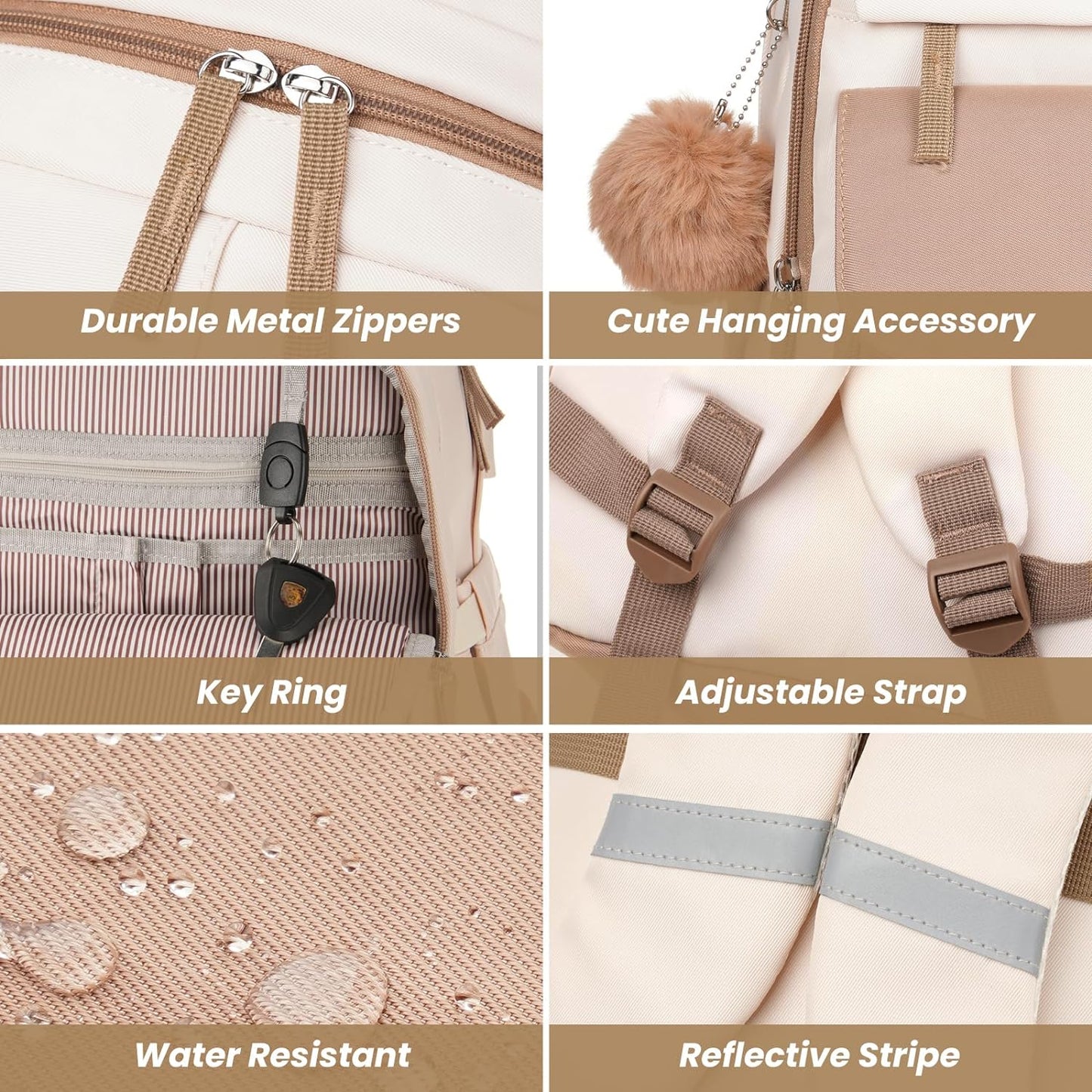 WINDARS School Backpack for Teen Girls, Cute College Backpacks for Women Students Aesthetic Bookbag Large 15.6 Inch Laptop Bag Middle School Travel Back Pack (Khaki Beige)