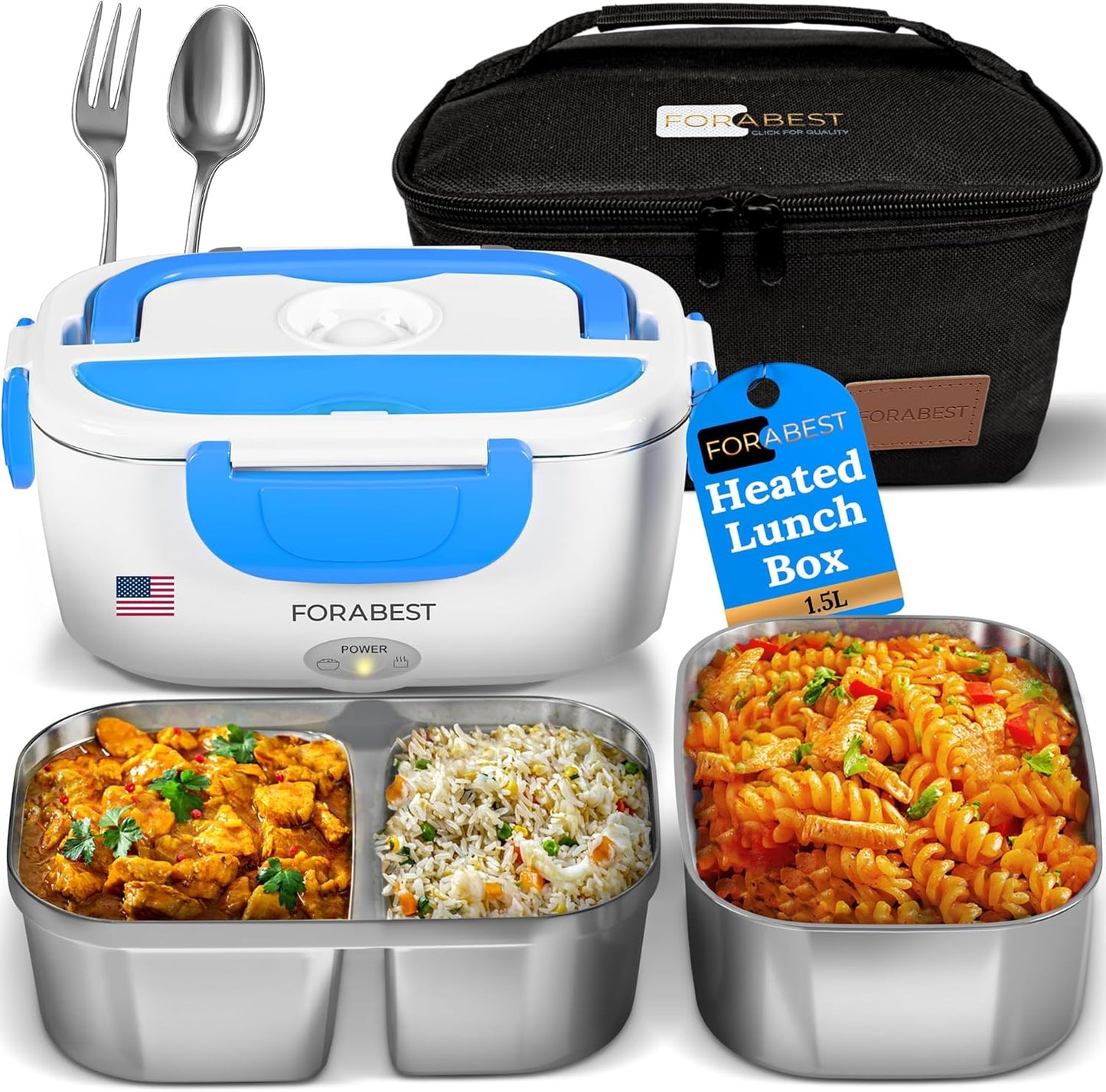 FORABEST Electric Lunch Box Food Heater 80W 1.5L Stainless Steel Heated Lunch Box for Men & Women, Universal 12/24/110/220V Self Heating Lunch Box for Car, Truck & Work, Portable Food Warmer lunch box