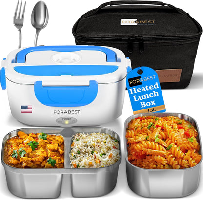 FORABEST Electric Lunch Box Food Heater 80W 1.5L Stainless Steel Heated Lunch Box for Men & Women, Universal 12/24/110/220V Self Heating Lunch Box for Car, Truck & Work, Portable Food Warmer lunch box
