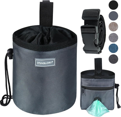 VIVAGLORY Dog Treat Bags, Puppy Pet Dog Training Treats Pouch Hands-Free 2 Ways to Wear with Adjustable Waistband and Built-in Dog Waste Bag Dispenser, Heather Black