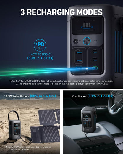 Anker SOLIX Power Bank Station C200 DC with Adjustable Strap, 192Wh LiFePO4 Portable Power Station, 200W Solar Generator, for Outdoor Camping, Traveling, and Emergencies (No Wall Charger Included)