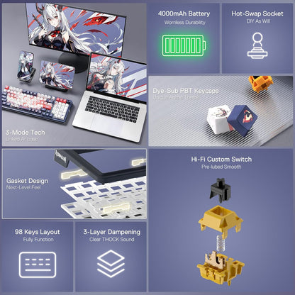 Redragon K686 PRO 98 Keys Wireless Gasket RGB Gaming Keyboard, 3-Modes Anime Mechanical Keyboard w/Hot-Swap Socket, Dedicated Knob Control & Sound Absorbing Pads, Custom Hi-Fi Linear Switch