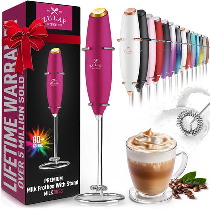 Zulay Kitchen Powerful Double Whisk Milk Frother Handheld - Foam Maker with Stand - Whisk Drink Mixer for Coffee, Mini Foamer for Latte, Matcha, Frappe, Hot Chocolate & Cappuccino (Black)