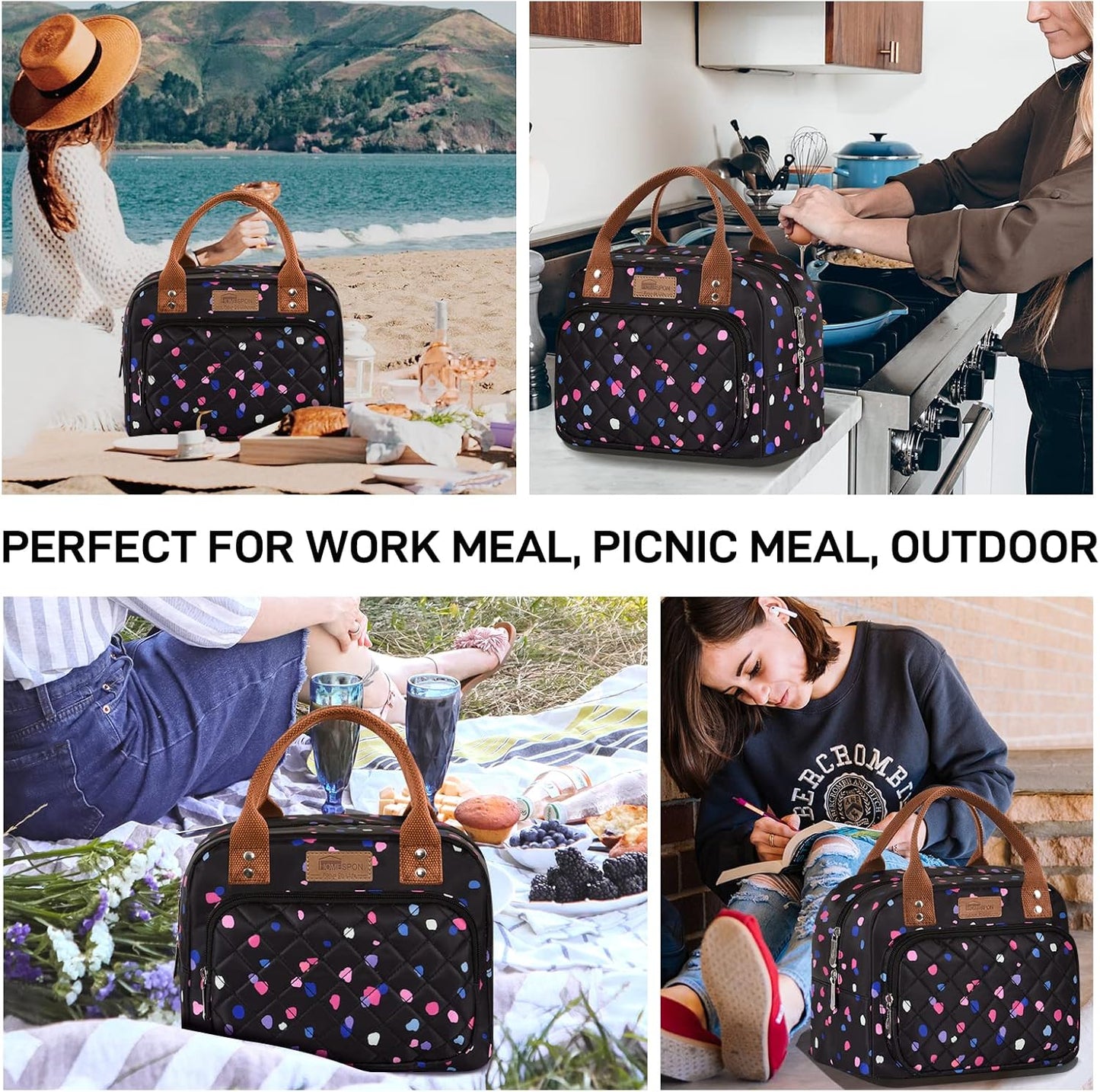 HOMESPON Lunch Bag for Woman Man Adults with Front Pocket Insulated Lunch Tote Lunch Box Container for Work Picnic or Travel(Black)