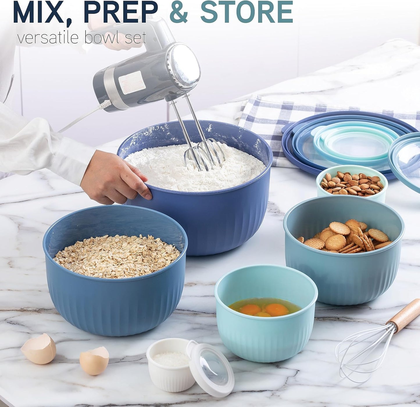 COOK WITH COLOR Prep Bowls with Lids- 8 Piece Nesting Plastic Small Mixing Bowl Set with Lids (Teal Ombre)