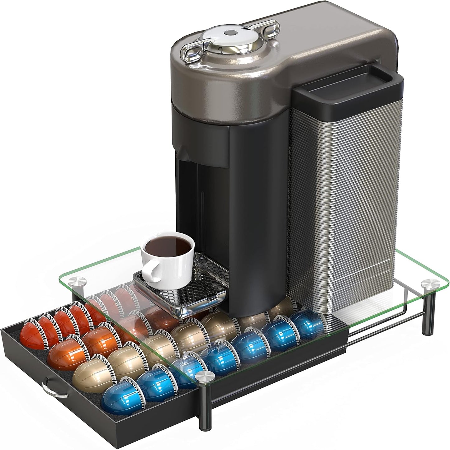 DecoBrothers Vertuo Pod Holder VertuoLine Drawer Storage for Nespresso Coffee Capsules, Crystal Tempered Glass, White