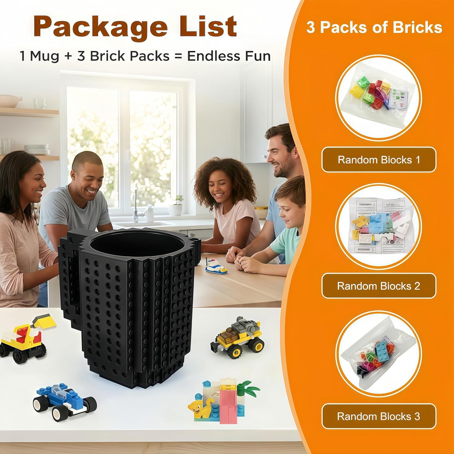 Lumsburry Build-on Brick Coffee Mug, Funny DIY Unique Novelty Drinking Cup | Building Blocks Creative Mug, for Men Women Kids Dad Mom, Present Exchange Ideas, Xmas Birthday White Elephant(Black)