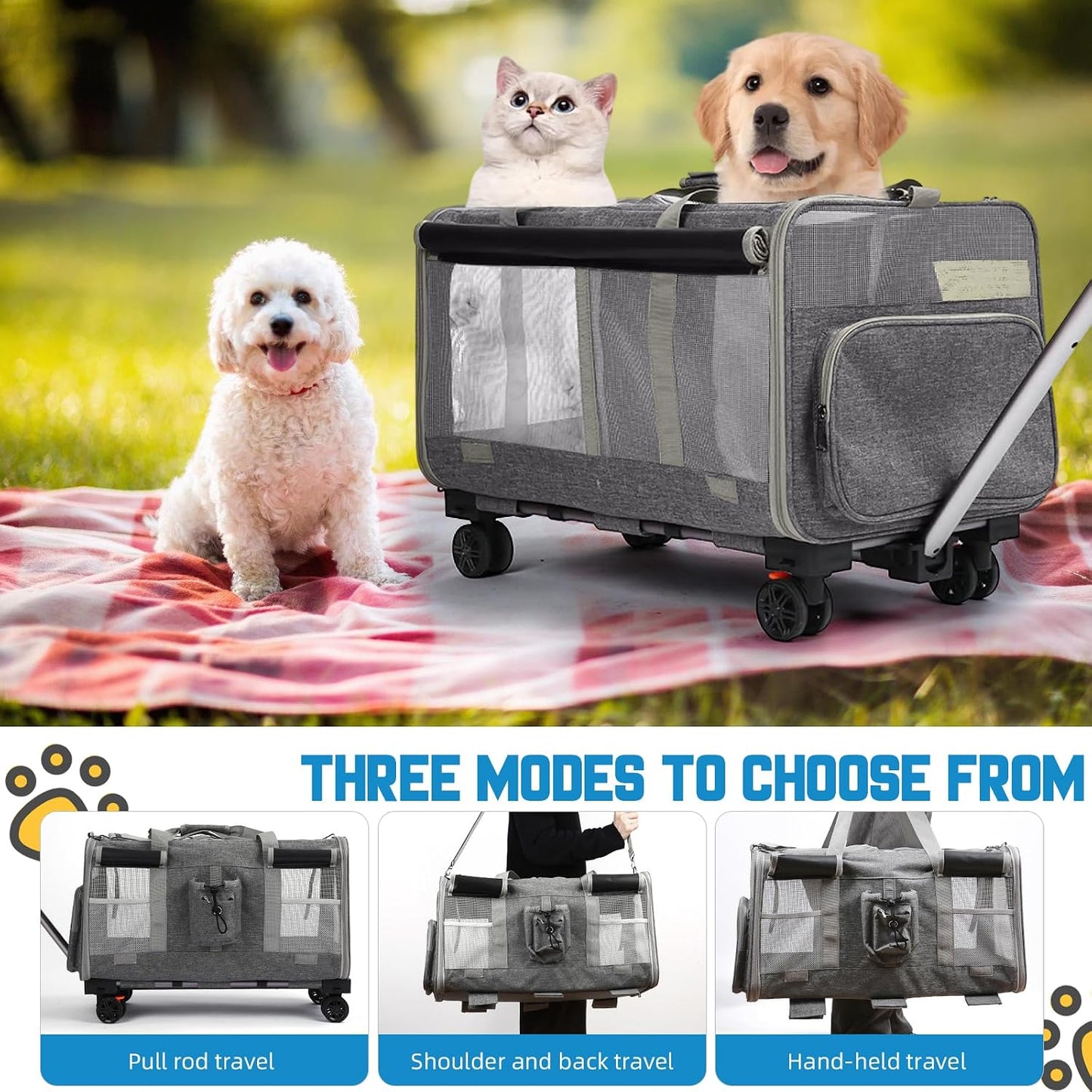 Foldable Large Pet Carrier with Wheels—Accommodates Two Pets, Includes cat Toy and Storage Strap. Breathable and Portable, Ideal for Hiking, Camping, and Travel (Gray)