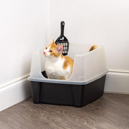 IRIS USA Large Cat Litter Box with Scoop, Open Top Cat Litter Pan, Black