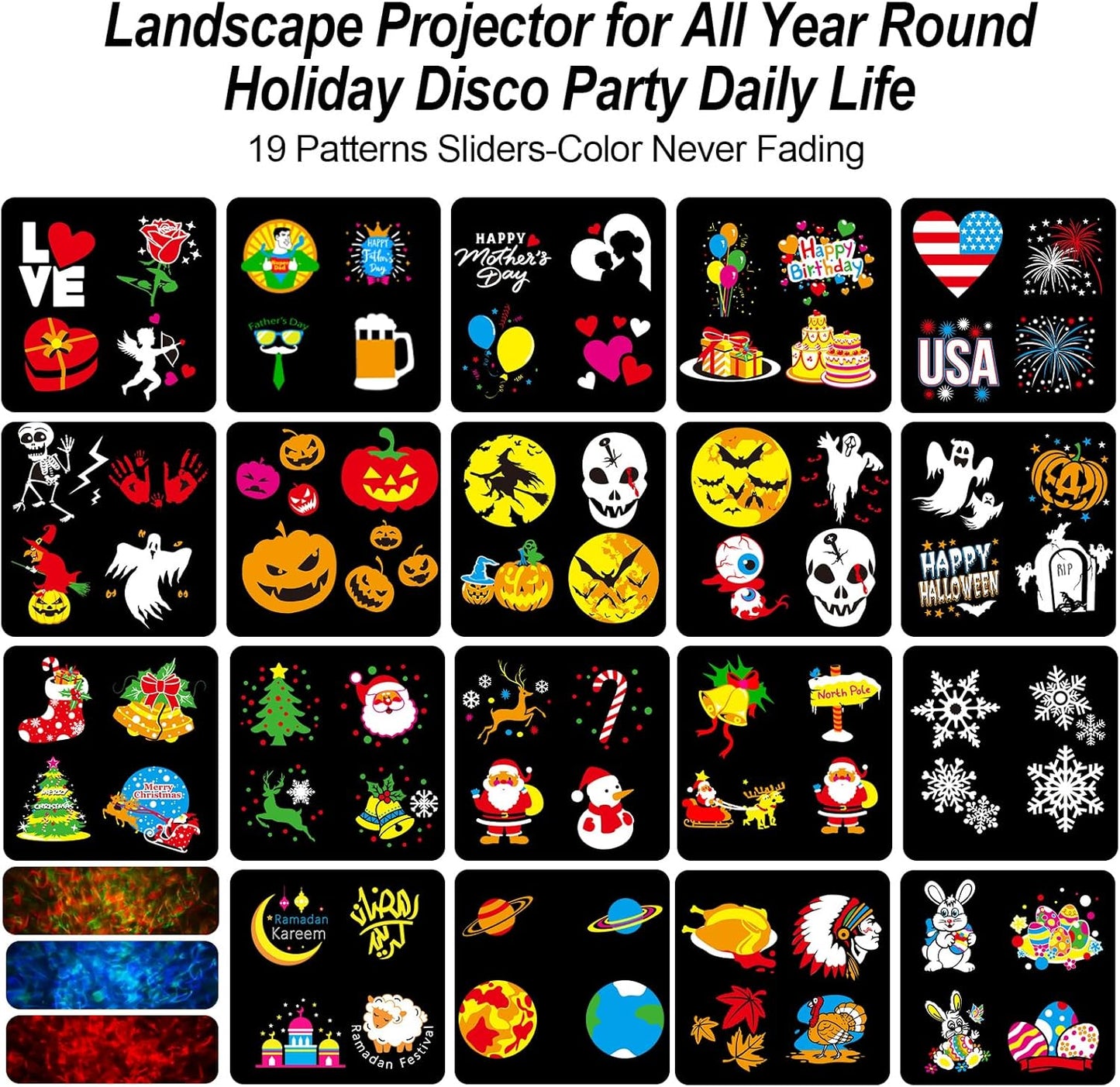 Brighter Christmas Decorations Projector Lights Outdoor, 2024 Upgraded Holiday Projectors with 19 HD Replaceable Slides (3D Ocean Wave & Patterns), Weather Proof Christmas Projector Light Show