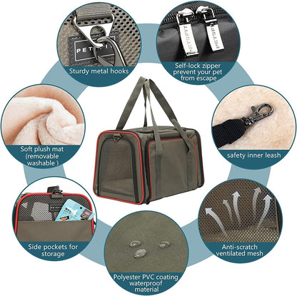 Petsfit Expandable Cat Dog Carrier Airline Approved, 17" L x 11" W x 11" H Soft-Sided Portable Pet Travel Carrier for Kitten, Puppy, Removable Soft Plush Mat and Pockets, Auto-Locking Zippers