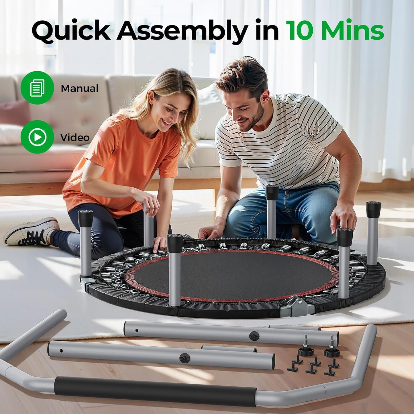 BCAN SP2 40"/48" Foldable Mini Trampoline Max Load 330lbs/440lbs, Fitness Rebounder with Springs, Adjustable Foam Handle, Exercise Trampoline for Adults Indoor/Garden Workout