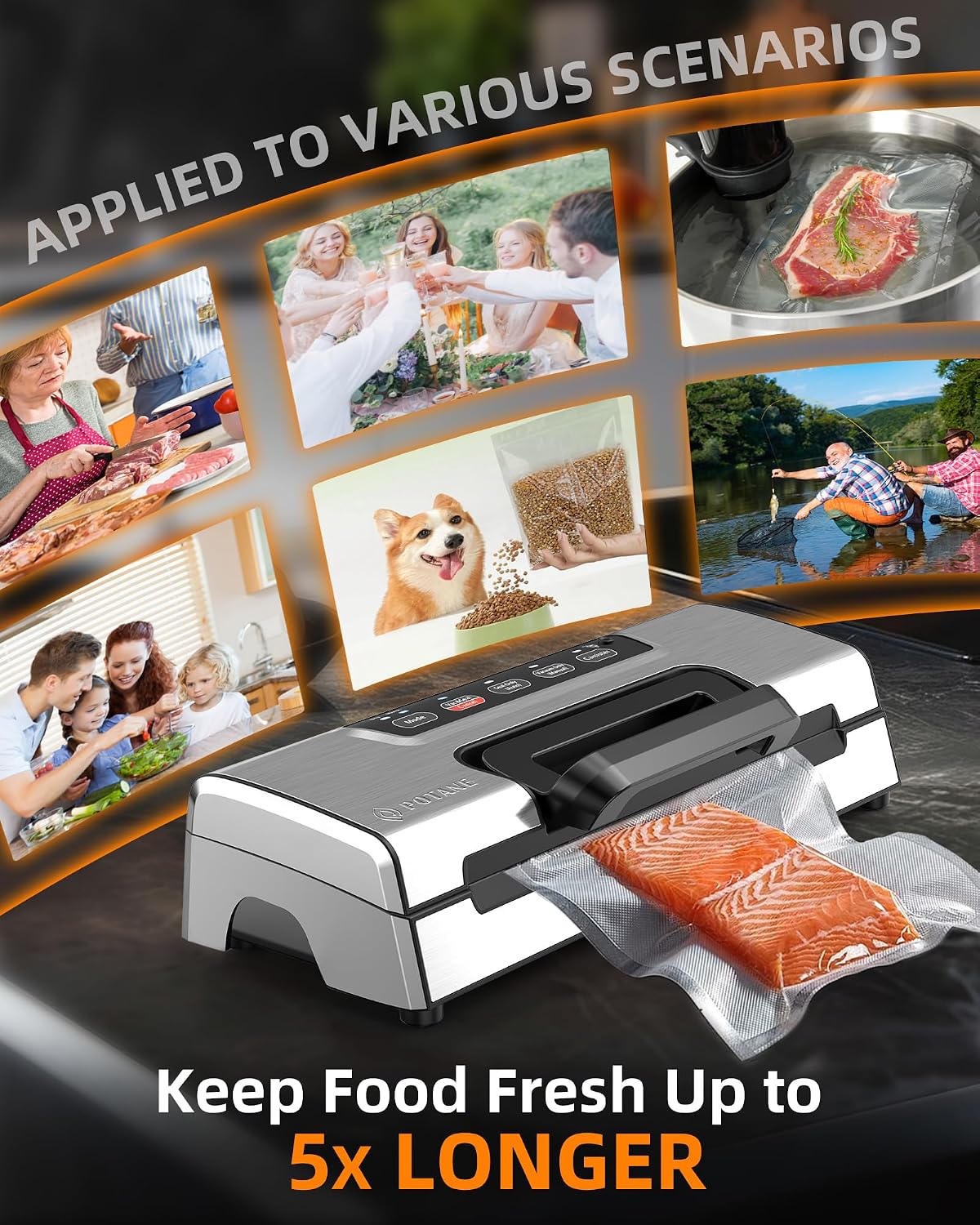 Vacuum Sealer Machine, Potane Commercial Pro Vacuum Food Sealer with Easy-Lock Handle, Built-in Cutter and Bag Storage, Dry&Moist Food Modes, Auto&Manual Sealing Options, 2 Bags Rolls, Stainless Steel
