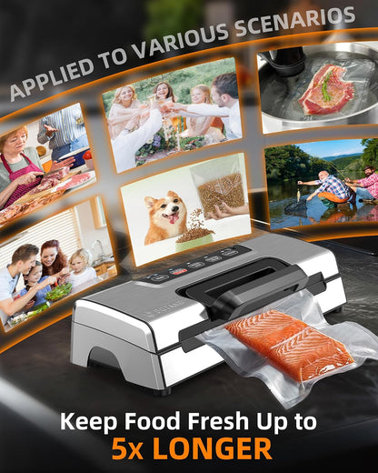 Vacuum Sealer Machine, Potane Commercial Pro Vacuum Food Sealer with Easy-Lock Handle, Built-in Cutter and Bag Storage, Dry&Moist Food Modes, Auto&Manual Sealing Options, 2 Bags Rolls, Stainless Steel