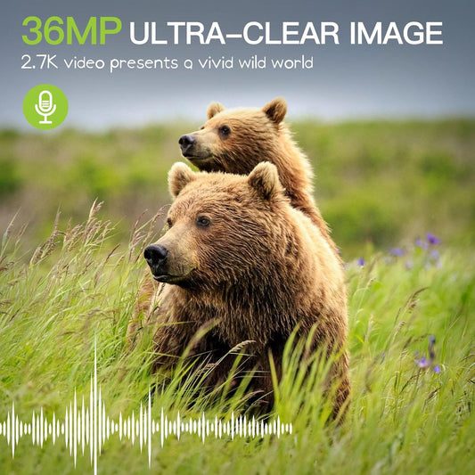 Trail Camera 2 Pack 36 MP 2.7K Game Camera 32GB Memory Card 8 Batteries with 0.2s Trigger Time 120°Wide-Angle Motion Night Vision 2.0" LCD Screen IP66 Waterproof, Wildlife Camera for Monitoring