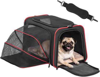 Petsfit Expandable Cat Dog Carrier Airline Approved, 17" L x 11" W x 11" H Soft-Sided Portable Pet Travel Carrier for Kitten, Puppy, Removable Soft Plush Mat and Pockets, Auto-Locking Zippers