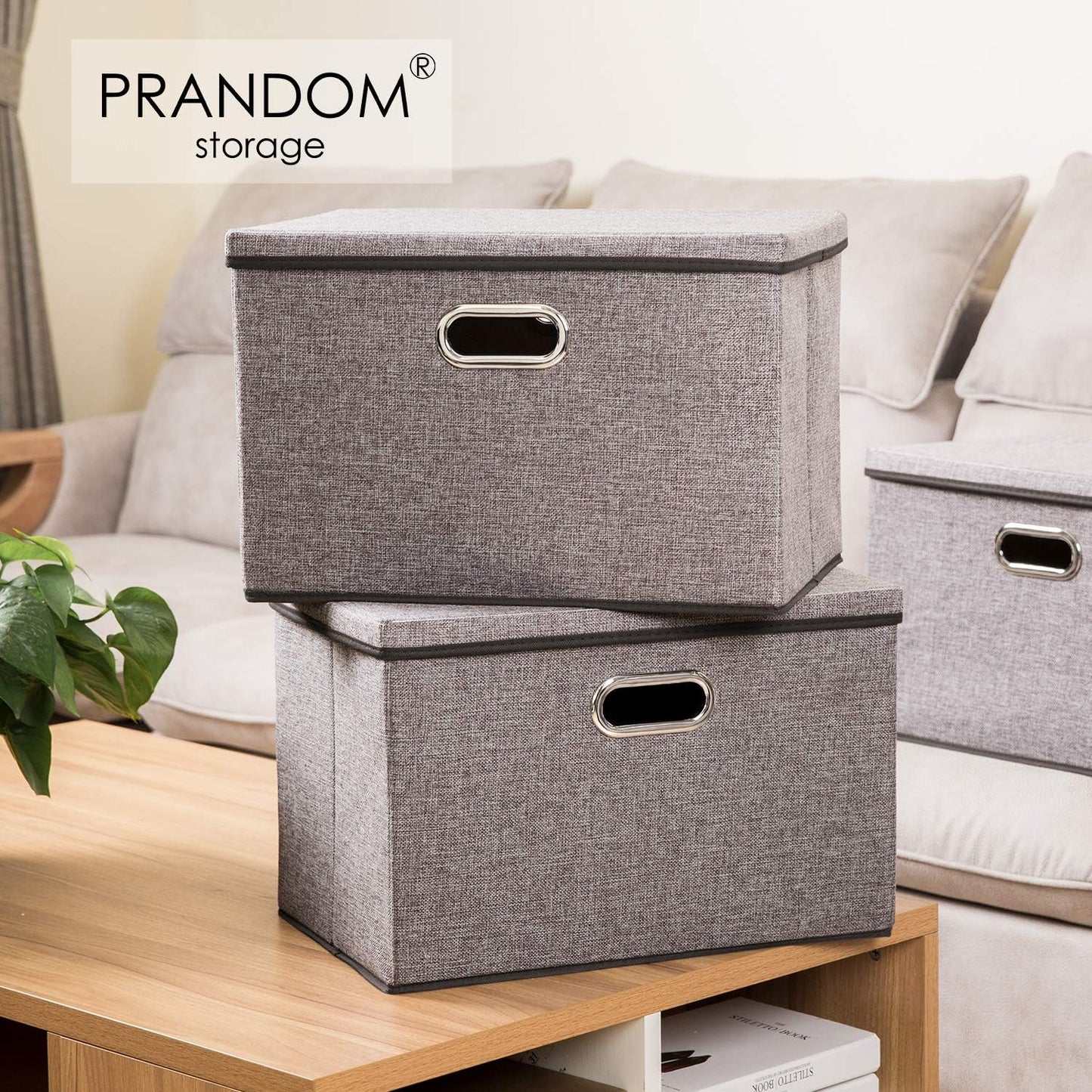 PRANDOM Large Foldable Storage Bin with Lid [1-Pack] Linen Fabric Decorative Storage Box Organizer Containers Basket Cube with Handles Divider for Bedroom Closet Office Living Room (17.7x11.8x11.8")