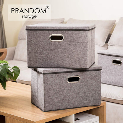 PRANDOM Large Foldable Storage Bin with Lid [1-Pack] Linen Fabric Decorative Storage Box Organizer Containers Basket Cube with Handles Divider for Bedroom Closet Office Living Room (17.7x11.8x11.8")
