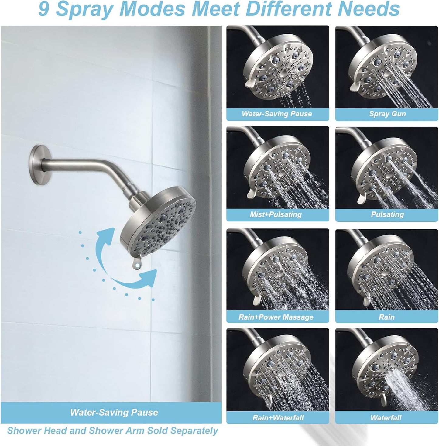OFFO Shower Head, High Pressure Shower Head with Pause Mode, 9 Mode Fixed Showerheads for Strong Water Flow & Relaxing Shower Experience,Brushed Nickel