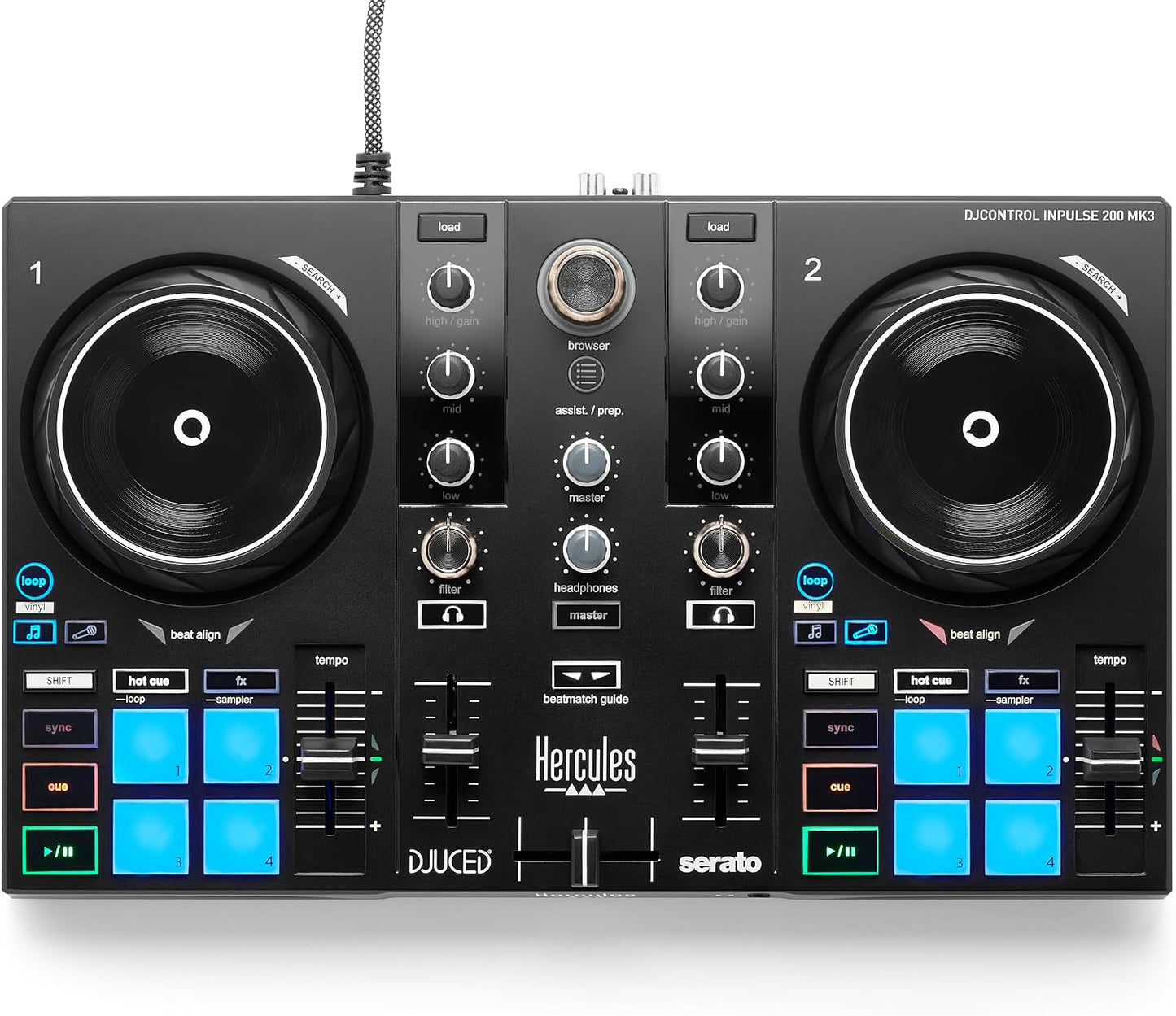 Hercules DJControl Inpulse 200 MK3 DJ Controller, 2 Deck DJ Mixer with Jog Wheels, Pads, Crossfader, Beginner DJ Equipment with Tutorials and Streaming, Compact Portable DJ Board, Compatible with PC