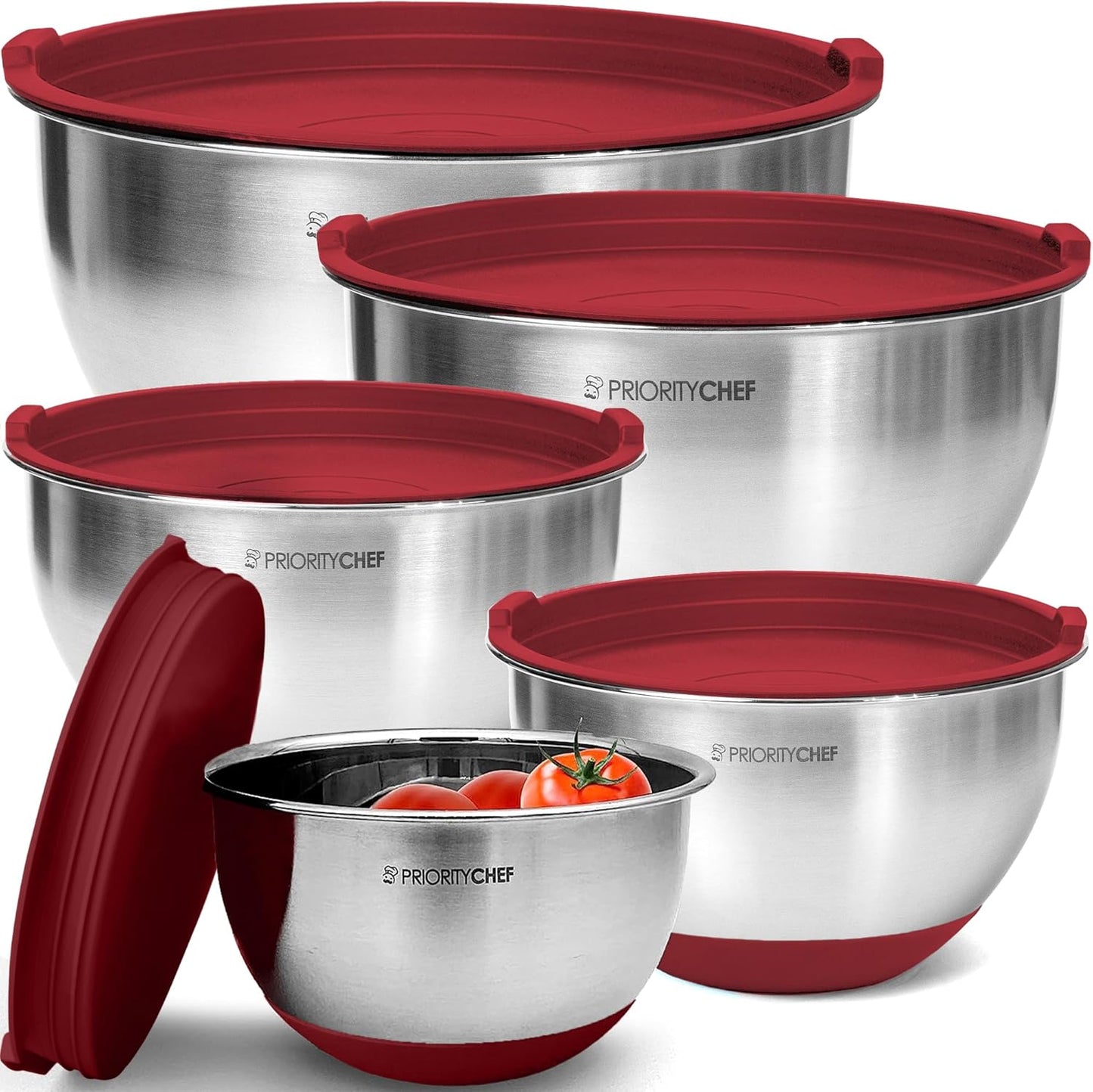 Priority Chef Premium Mixing Bowls with Lids Set, Airtight Lids, Thicker Stainless Steel Mixing Bowl Set, Large Prep Metal Bowls, Nesting Bowls for Kitchen, 1.5/2/3/4/5 Qrt, Red