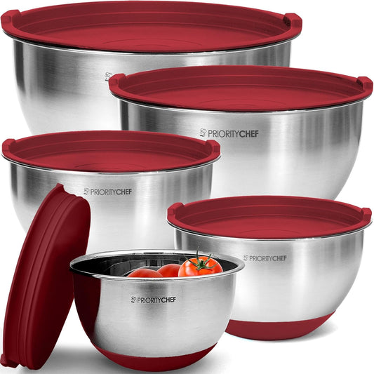 Priority Chef Premium Mixing Bowls with Lids Set, Airtight Lids, Thicker Stainless Steel Mixing Bowl Set, Large Prep Metal Bowls, Nesting Bowls for Kitchen, 1.5/2/3/4/5 Qrt, Red