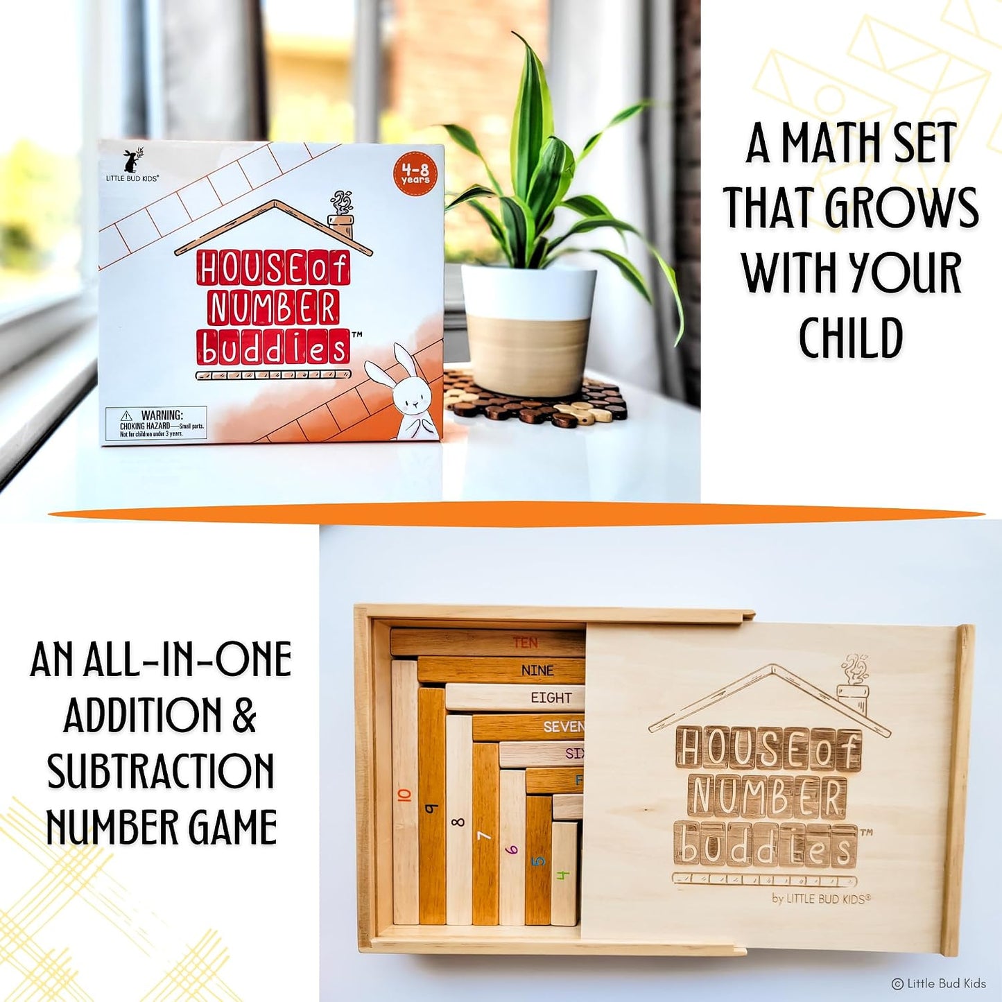 LITTLE BUD KIDS House of Number Buddies Math Game, a Number Bonds Math Toy with Number Rods and Addition & Subtraction Flash Cards, a Montessori Material for Kids 4-8 Years Old