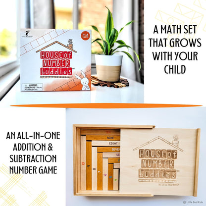 LITTLE BUD KIDS House of Number Buddies Math Game, a Number Bonds Math Toy with Number Rods and Addition & Subtraction Flash Cards, a Montessori Material for Kids 4-8 Years Old